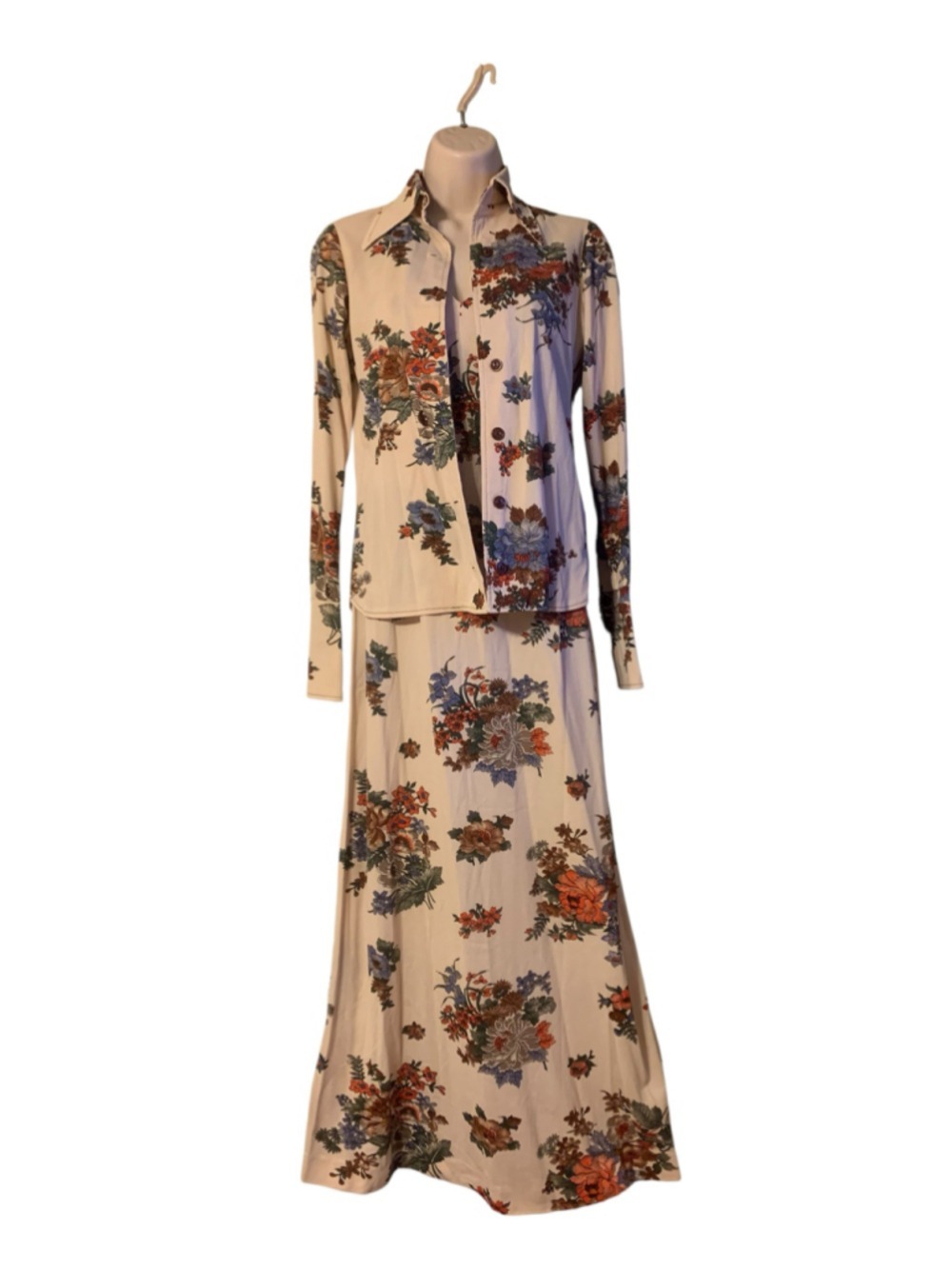 Vntg 70’s women’s maxi dress w/matching dagger collar shirt sz 5